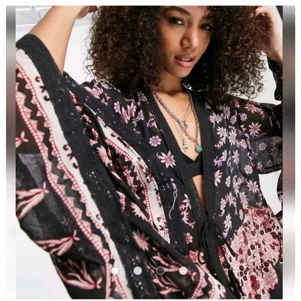 Free People Lola Bell Sleeve Sheer Blouse SZ S Kimono Tassel Tie Floral Bohemian